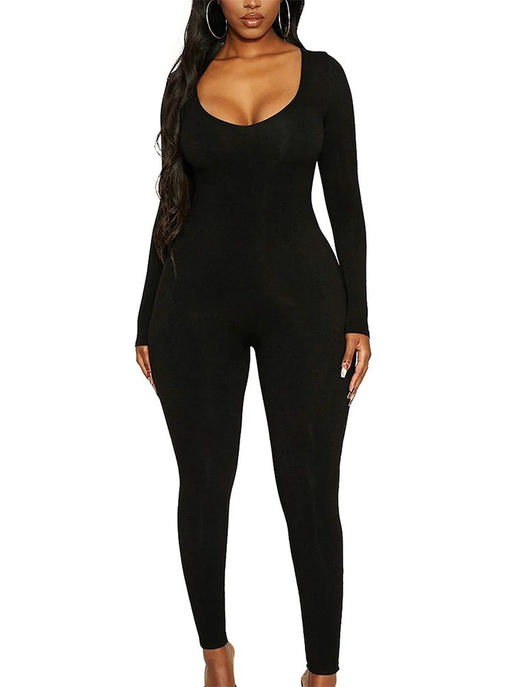 2024 Spring and Summer New Women's Jumpsuit Long Sleeve Solid Color Skinny Jumpsuit Fashion Sports Fitness Jumpsuit Pullover