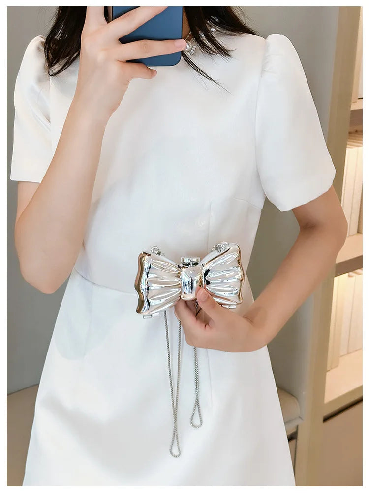 New Mini Evening Bag Metal Purse Crossbody Handbag for Girls Kid Women Bowknot Chain Shoulder Bag for Party Wedding