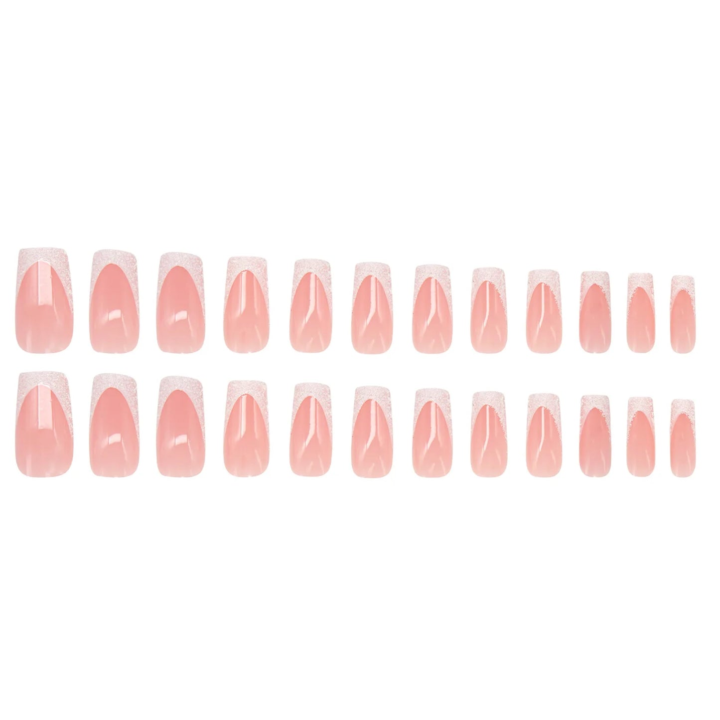 24Pcs Shimmery Long Coffin False Nails with Glue Ballerina Nail Design Sweet Fashion French Press on Acrylic Nails Tips