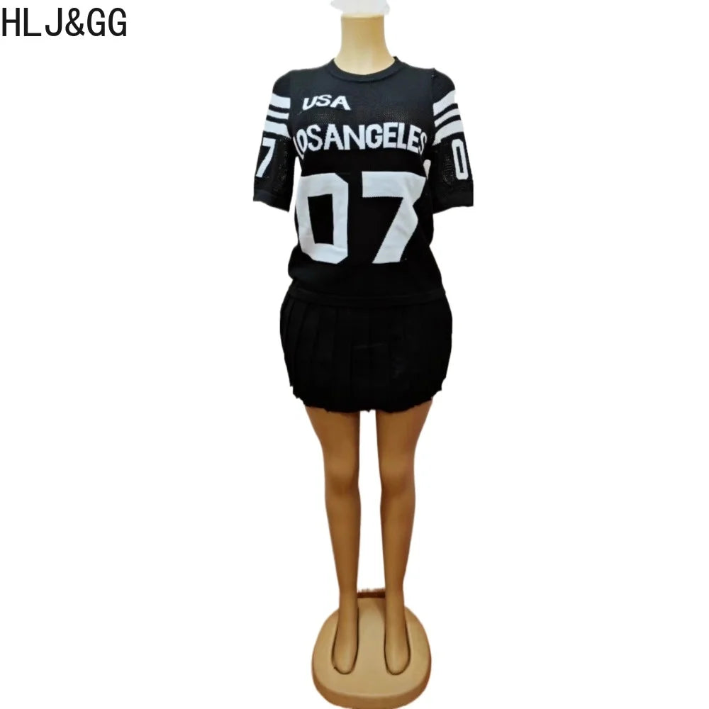 HLJ&GG Summer New Mesh Letter Print Mini Pleated Skirts Two Piece Sets Women Round Neck Short Sleeve Slim Top And Skirts Outfits