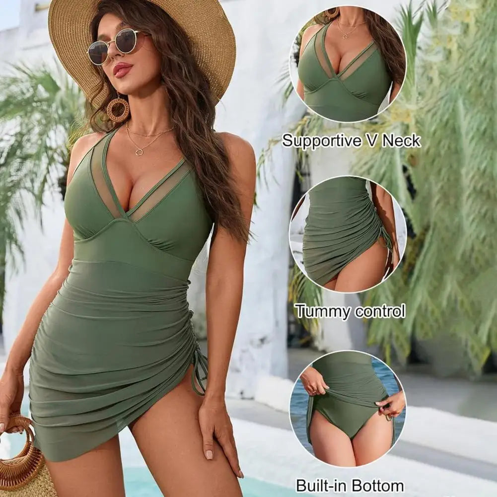 One Piece Women's Swimsuit Solid Color V Neck Tummy Control Swimwear Sexy Mesh Sheer Wrap Bathing Suit For Beach Vacation