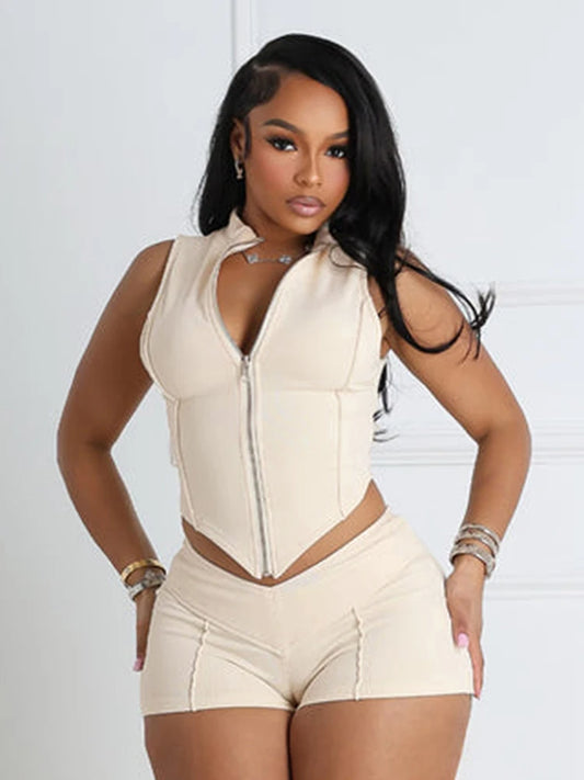 Weird Puss Lines Patchwork 2 Piece Set Women Zipper Cardigan Irregular Crop Top+Skinny Peach Hip Shorts Simple Sporty Streetweas