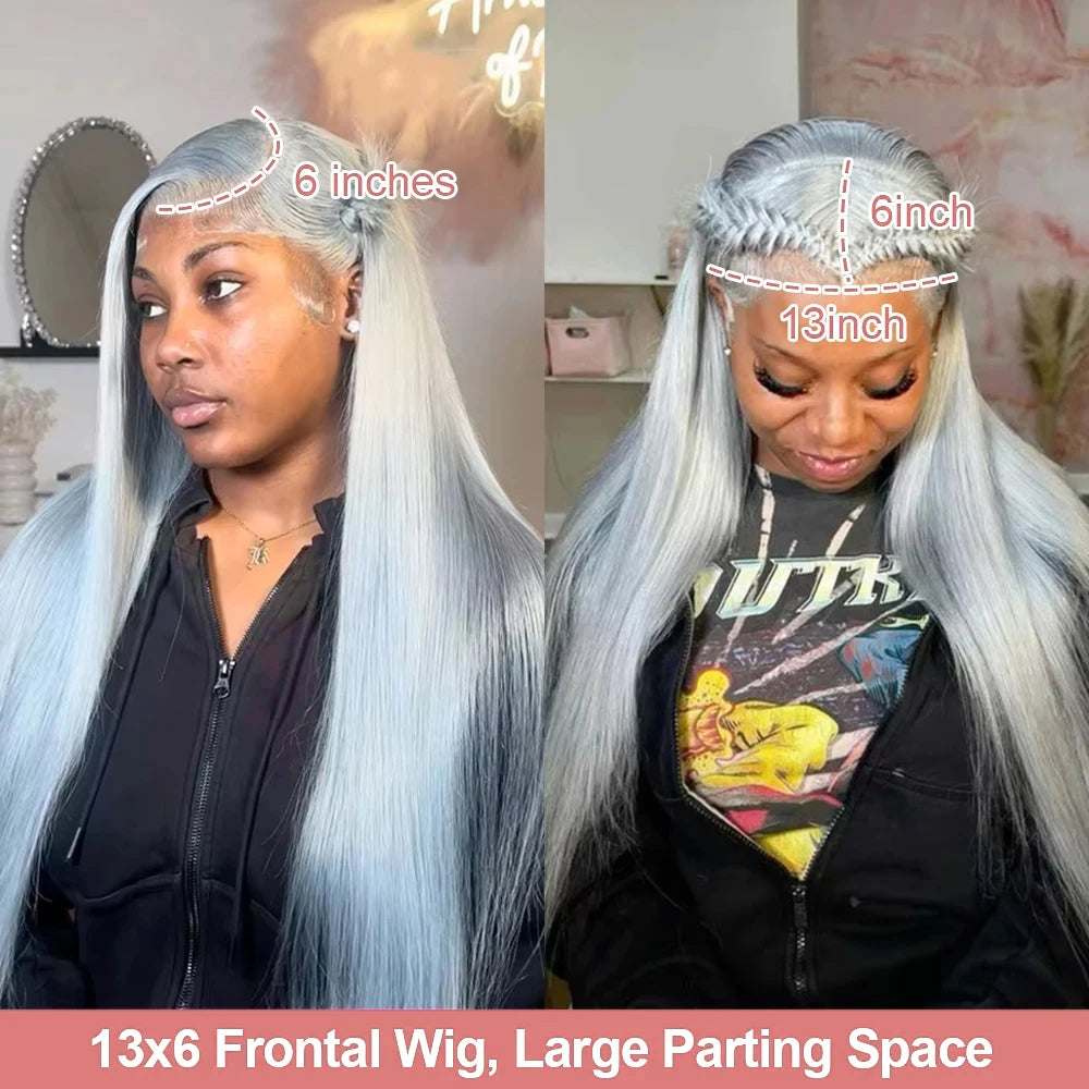 Silver Grey Straight Lace Front Human Hair Wig 40 Inches Colored HD Transparent 13x6 Lace Frontal Wig for Women Preplucked 250%