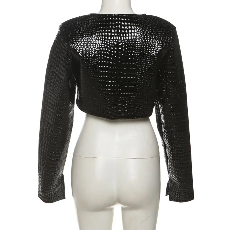 HLJ&GG Fashion Y2K Leather Snake Jacket Coat Three Piece Sets Women Lapel Long Sleeve Crop Top+Shorts Outfits Trend Streetwear