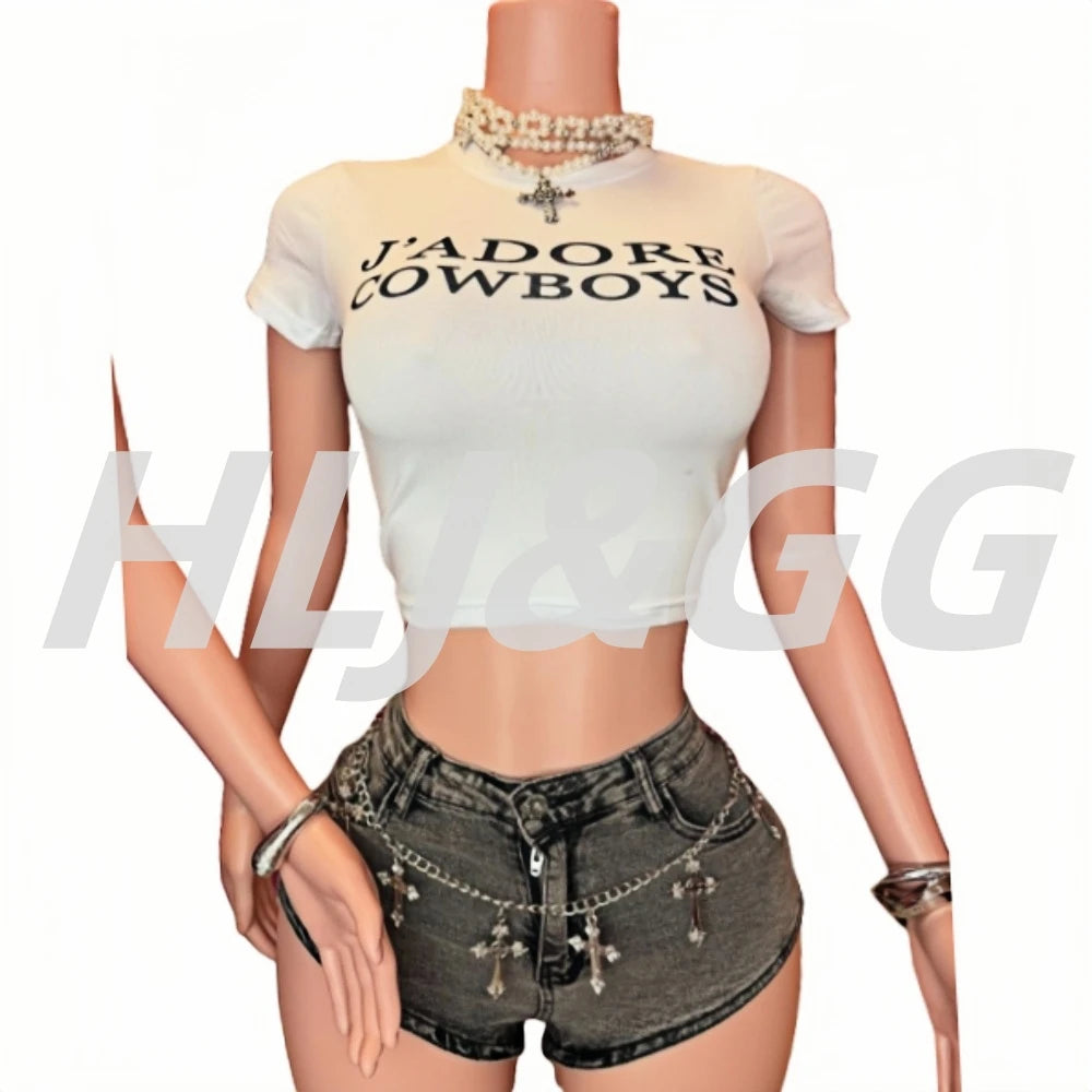 HLJ&GG Summer New Letter Print Tshirts Two Piece Sets Women O Neck Short Sleeve Crop Top And jeans Mini Skirts Outfit Streetwear