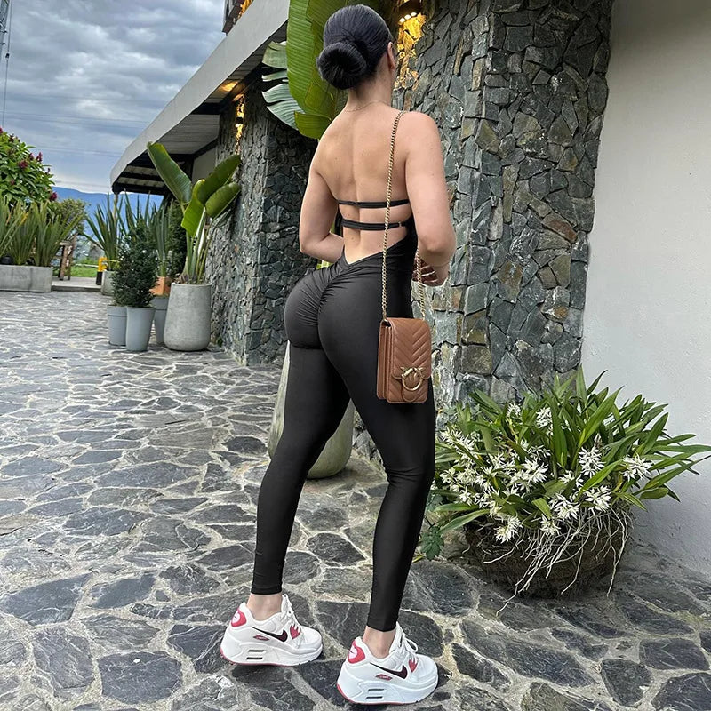 STYLISH LADY Strapless Backless Padded Jumpsuits 2025 Summer Solid Color Sexy Night Club Bodycon One Piece Overalls Streetwear