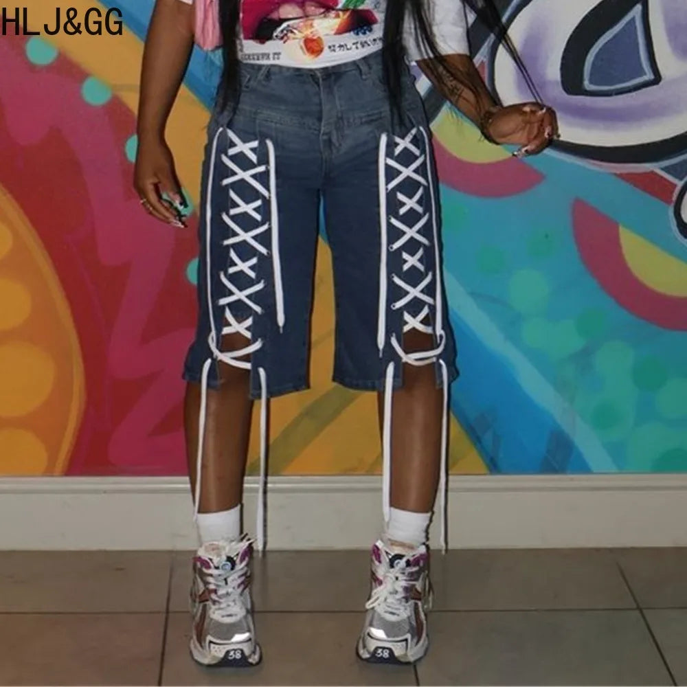 HLJ&GG American Vintage Fashion Bandage Straight Jean Shorts Women High Waisted Button Loose jeans Shorts Female Cowboy Bottom