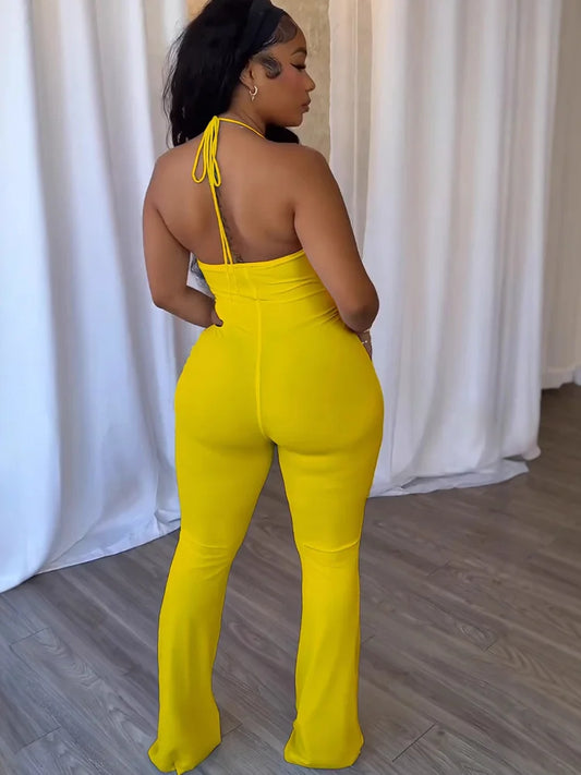 Kricesseen Women's Halter Neck Draped Cut-Out Metal Ring Fitted Jumpsuits Sexy Rompers One Piece Outfits Solid Clubwear Overalls