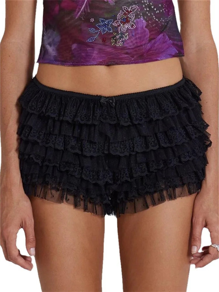 Weird Puss Mesh Patchwork 2 Piece Set Women Rhinestones V-Neck Short Sleeve Crop Tops+Tierred Shorts Skirts Trend Contrast Suit