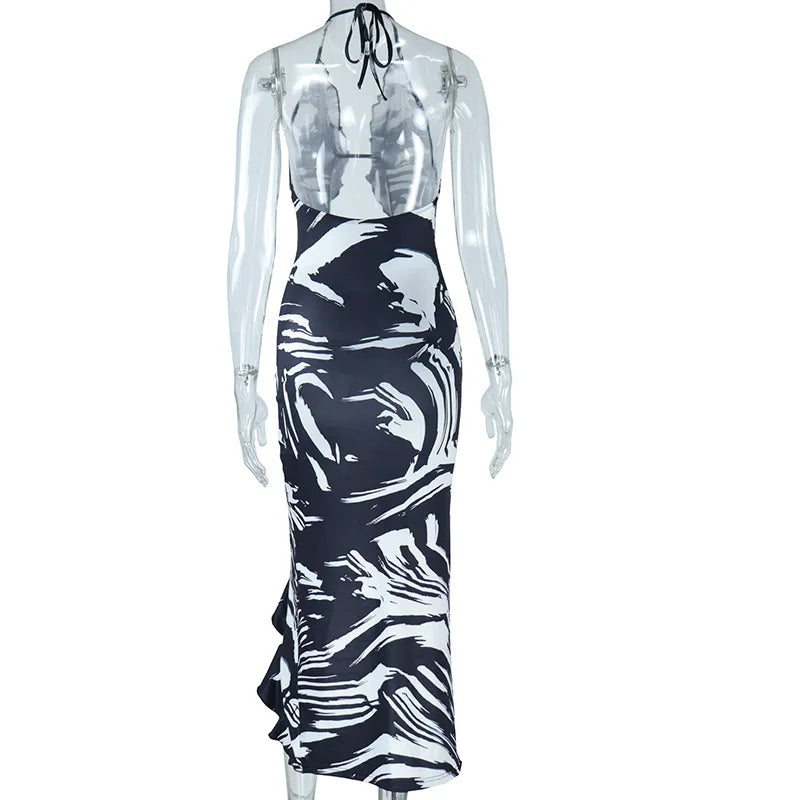 STYLISH LADY Black White Striped Printed Dress 2025 Summer Women Halter Backless Bodycon Sexy Club Party Split Long Dresses