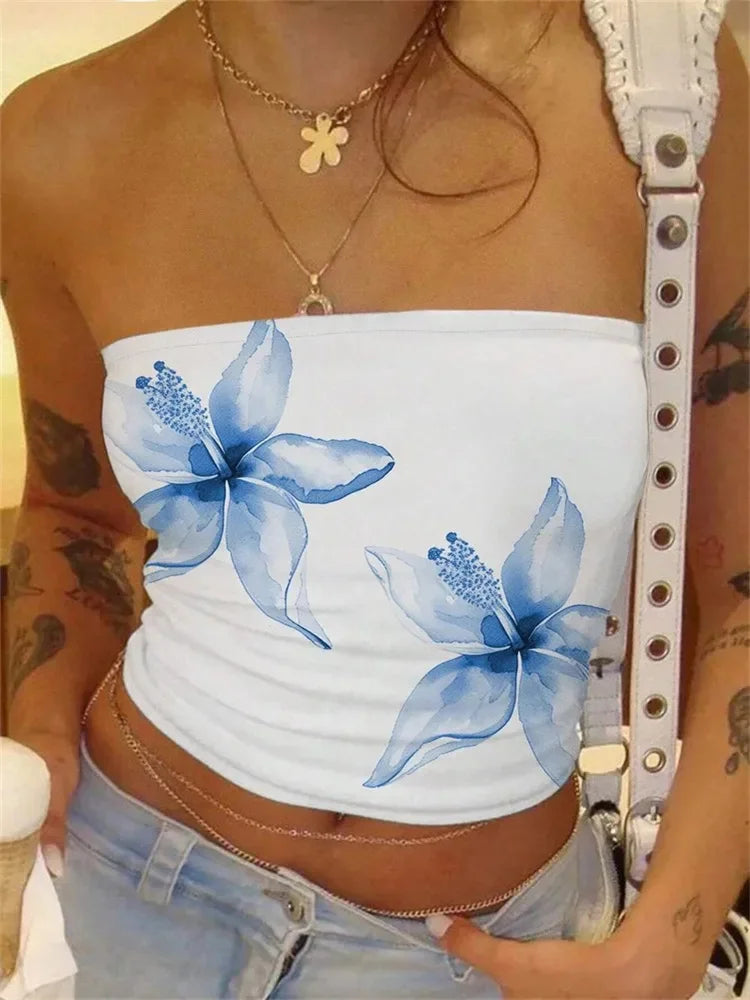 Women's Floral Printed Tube Top Summer Sexy Off the Shoulder Crop Top Streetwear