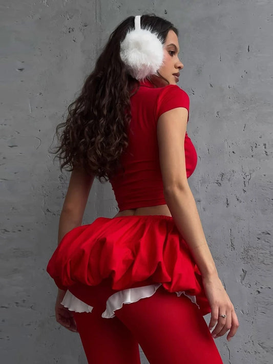 Weird Puss Casual 2 Piece Set Women Letter Print Shorts Sleeve Crop Tops+Puffy Skirt Simple Basic Matching Streetwear Outfits