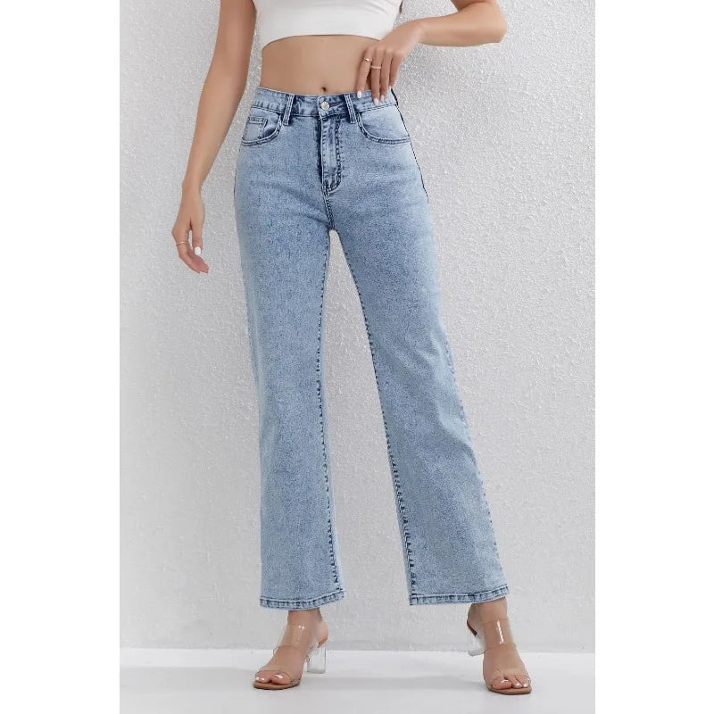 Ladies Light Blue High Waisted Jeans Straight Leg Design Classic Daily Wear Fashionable