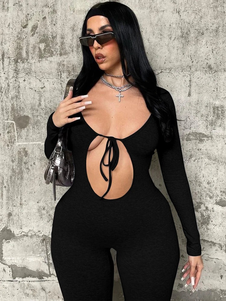 Dulzura Solid Pure Hole Hollow Out Straps Lace-Up Jumpsuit Long Sleeves 2023 Summer Autumn For Women Sexy Streetwear Wholesale