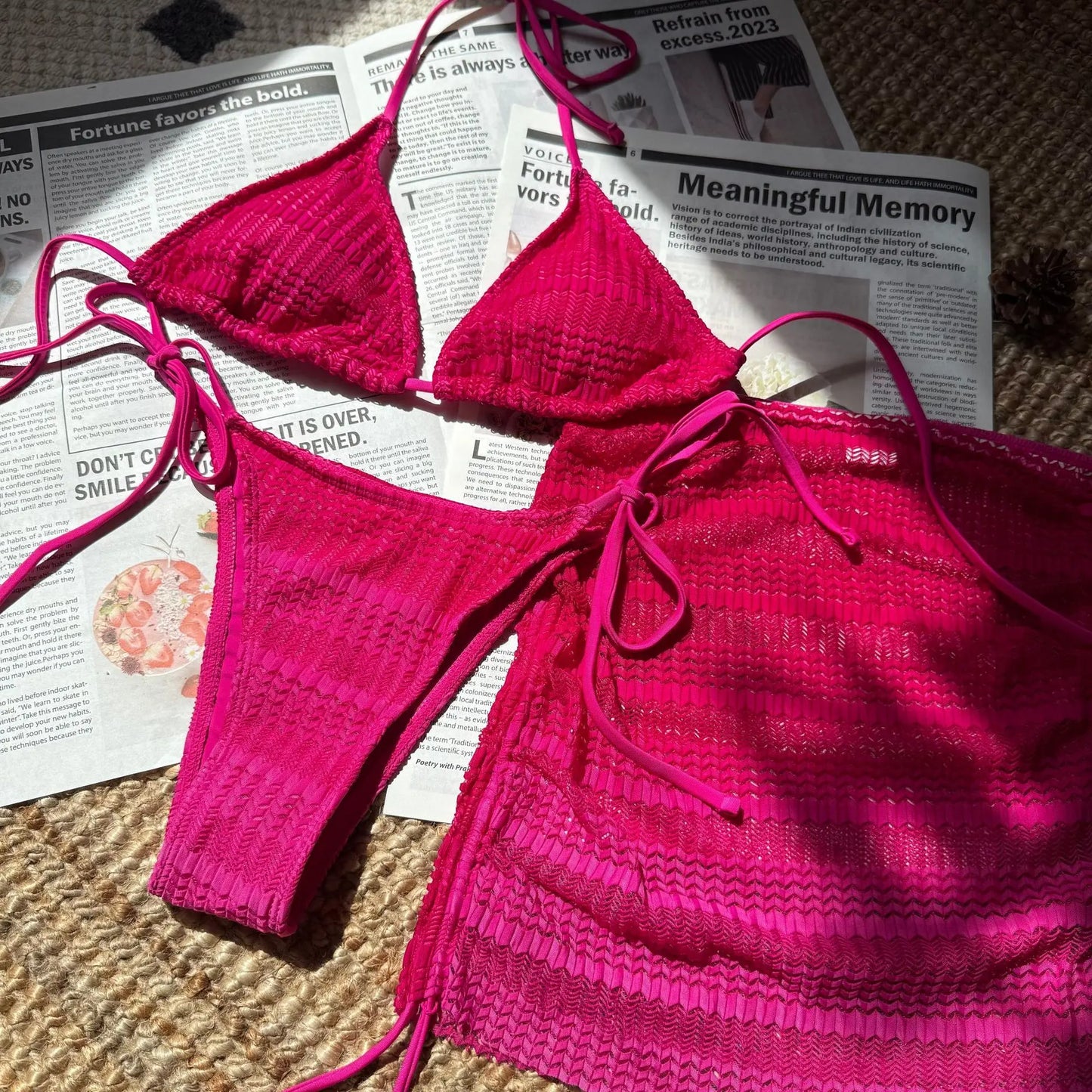 HLJ&GG Sexy Gradient Pink 3 Piece Sets Woman Bikini Outfit Halter Backless Crop Top + Underpants + Skirt Female Swimwear New