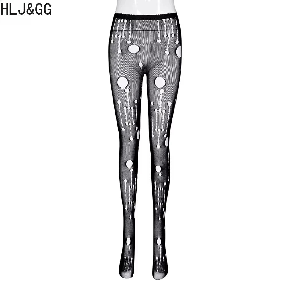 HLJ&GG Black Sexy Deep V Letter Print Bodysuits Women Zipper Long Sleeve Stretchy Bodycon Romper + Mesh Skinny Socks Outfits New