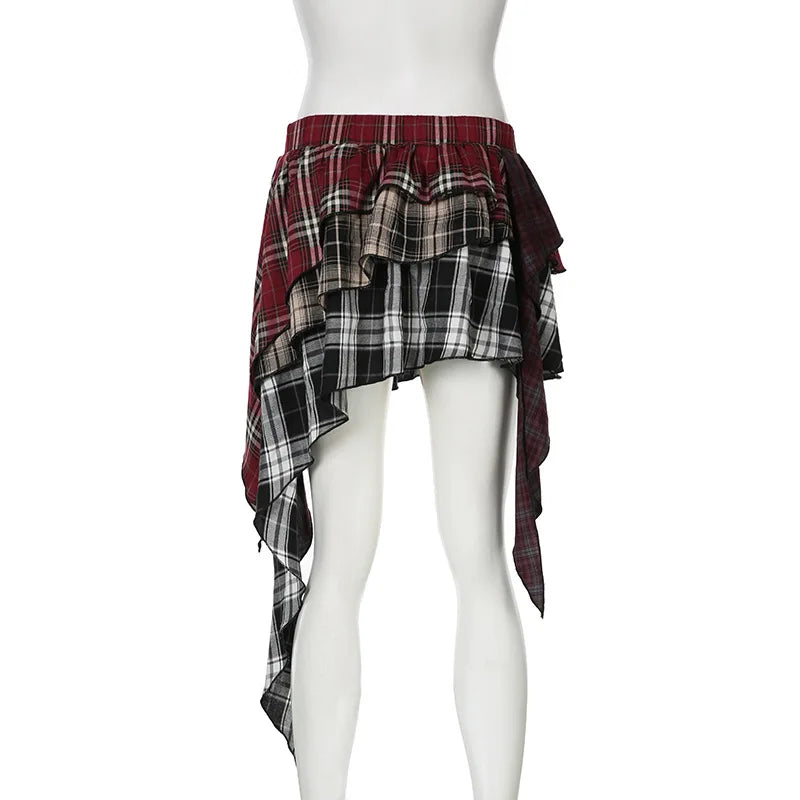 HLJ&GG Fashion Plaid Printing Irregular Mini Skirts Two Piece Sets Women O Neck Short Sleeve Top And Skirts Outfits Streetwear