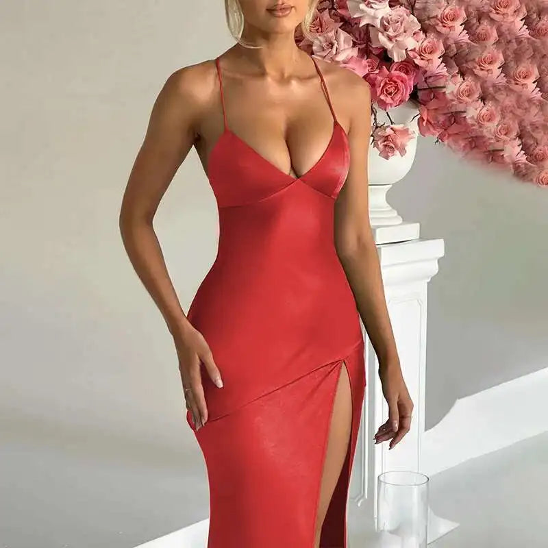 Townlike Elegant Maxi Long Slim Bodycon Dress Women Spaghetti Strap 2024 Sping Summer Dress Split Nightclub Sexy Party Dresses