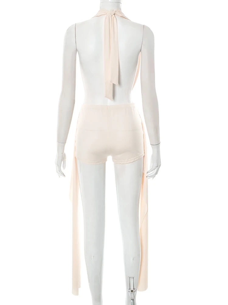 Weird Puss Elegant Women 2 Piece Set Halter Swing Collar Backless Sexy Tank Tops+Side Tassel Shorts Matching Clubwear Outfits
