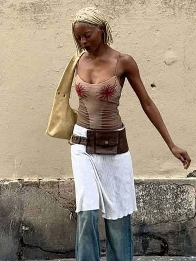 Weird Puss Sun Print Sexy Women Camisole Y2K Summer Fashion Low-Neck Coquette Midnight Party Club Wild Basic Street Slim Tees