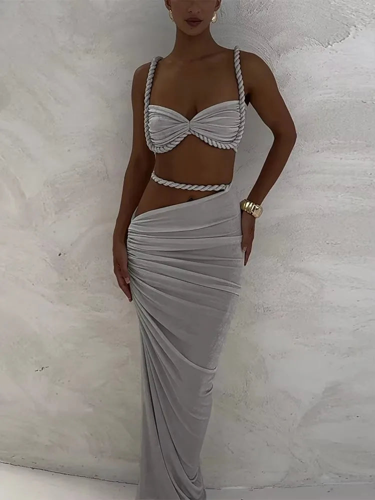 Weird Puss Square Collar 2 Piece Set Women Bra+Skinny Long Skirts Bandage Ruched 2025 Summer Vacation Beach Party Trend Suits