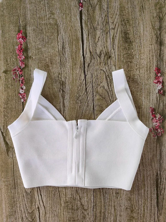 BEAUKEY Sexy White Plunge V Bandage Crop Top 2023 Summer Women Vintage Girl Tight Vest XL Camis Bodycon Knitted Tank Mini