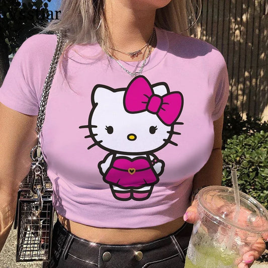 Women's Clothing Short Sleeved T-shirt Slim Fit Top Women's Clothes Pink Hello Kitty Printed Crop Top T-shirt Girls Street Wear