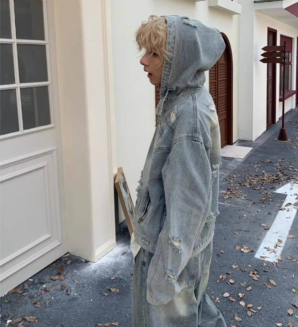 New Hooded Mens Denim Jacket 2024 American Retro High Street Loose Couple Tops Hip Hop Streetwear Trendy Washed Cowboy Coats