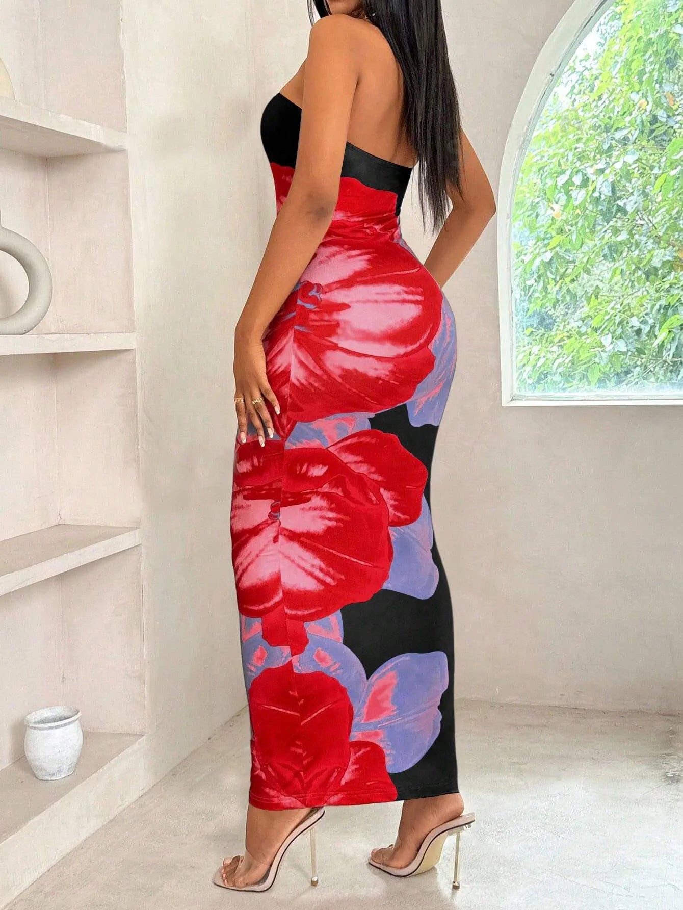 HLJ&GG Sexy Flowers Printing Bodycon Maxi Dresses Women Off Shoulder Sleeveless Backless Slim Vestidos Fashion Streetwear 2025