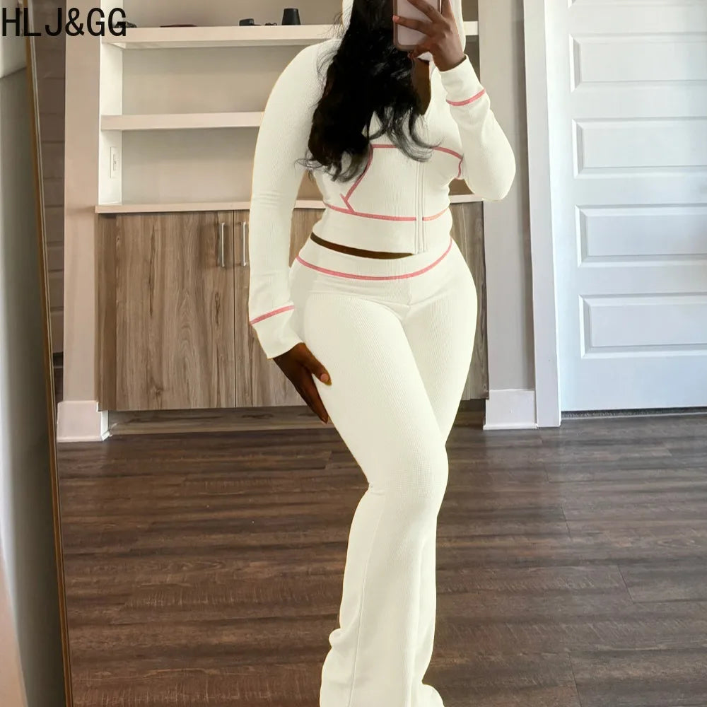 HLJ&GG Spring New Waffle Flare Pants Two Piece Sets Women Zip Hooded Long Sleeve Top + Pants Outfits Casual Sporty 2pcs Clothing