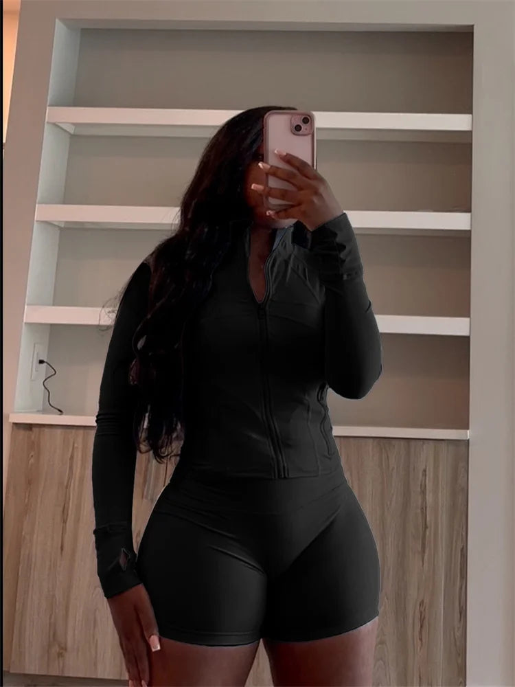 Weird Puss Casual Sporty 2 Piece Set Women Classic Tracksuit Cardigan Full Sleeve Jacket+Stretch Waist Skinny Shorts Trend Suits