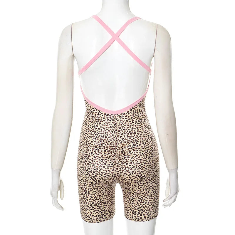 HLJ&GG Summer New Leopard Print Bow Bodycon One Piece Rompers Women Hollow Out Halter Backless Slim Jumpsuits Fashion Streetwear