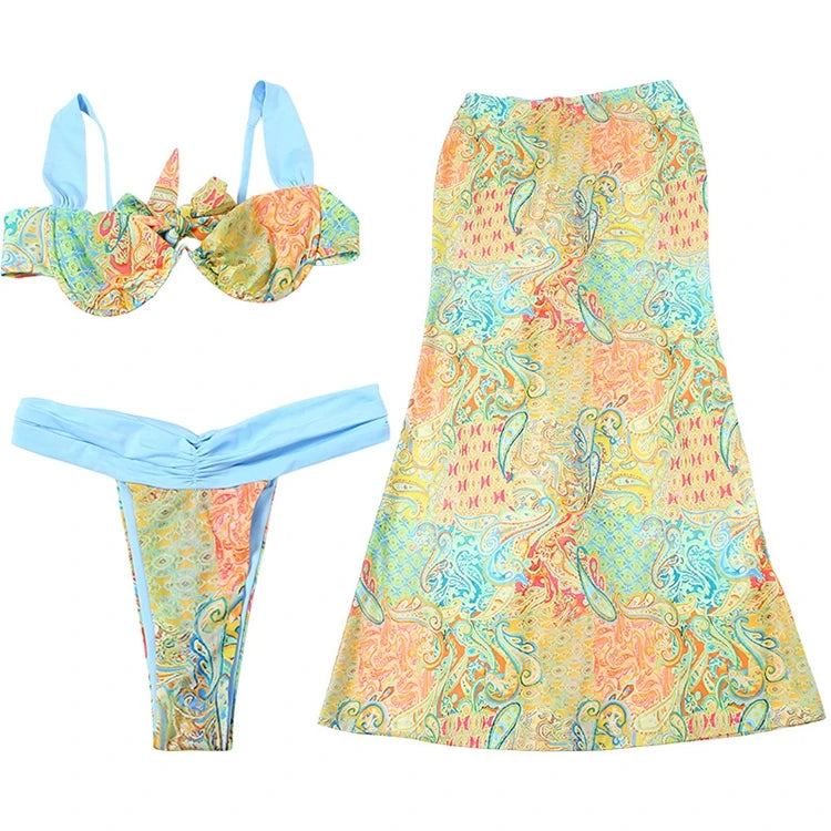 STYLISH LADY Contrast Color Printed 3 Piece Set Women Bikinis and Cover Up Skirt Suits 2025 Summer Holiday Beach Swim Outfits