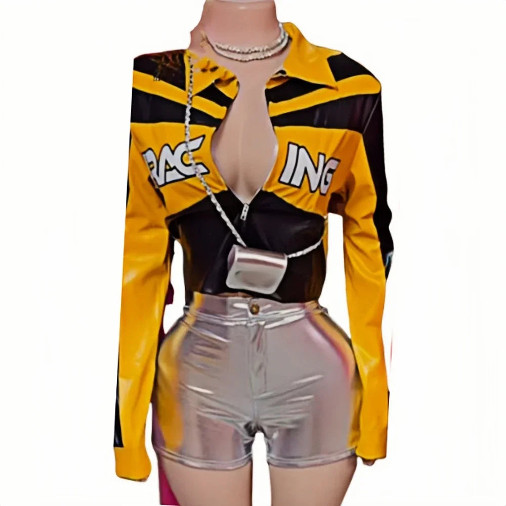 HLJ&GG Trendy Women's Outfits Women Leather Punk Letter Embroidery Crop Jacket And Button Shorts Two Piece Sets Y2K Streetwear