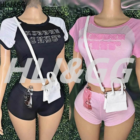 HLJ&GG Fashion Letter Y2K Shorts Two Piece Sets Women Round Neck Slim Crop Top And Shorts Outfits Summer New Hot Girl Streetwear