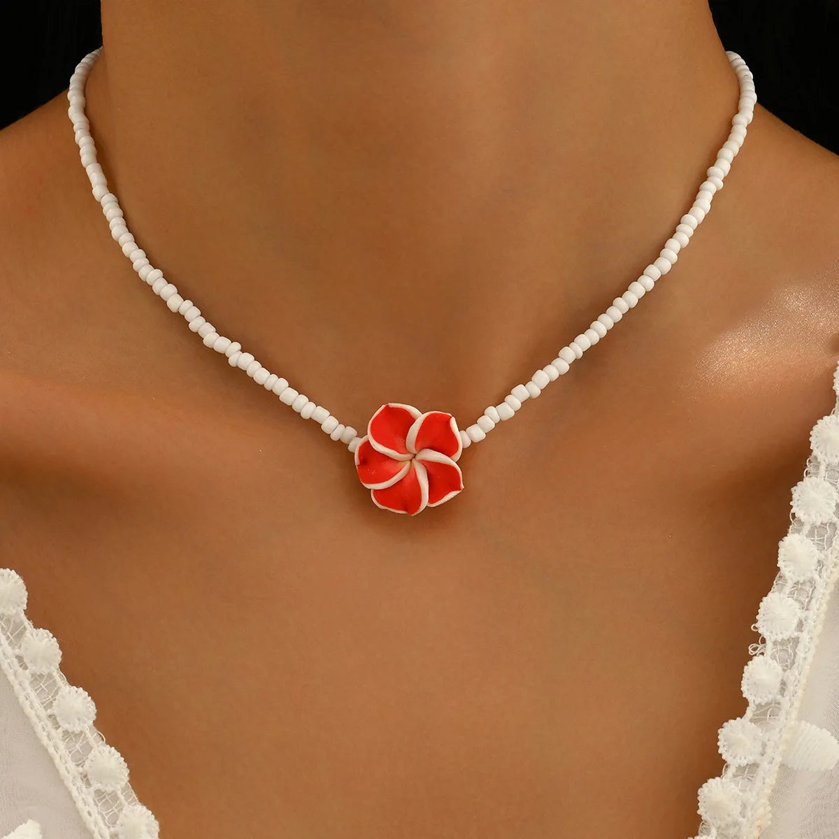 Boho Y2K Polymer Clay Flower Charm Necklace For Women Handmade Beaded Choker Necklace Girls Summer Jewelry Vacation Accessories