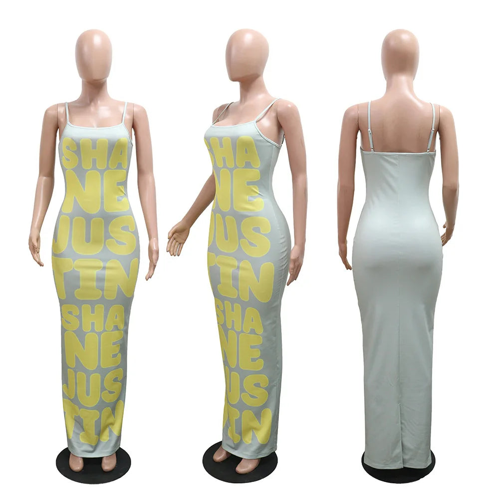 HLJ&GG Summer New Letter Print Bodycon Spaghetti Strap Long Dresses Women Sleeveless Backless Slim Vestidos Fashion Streetwear