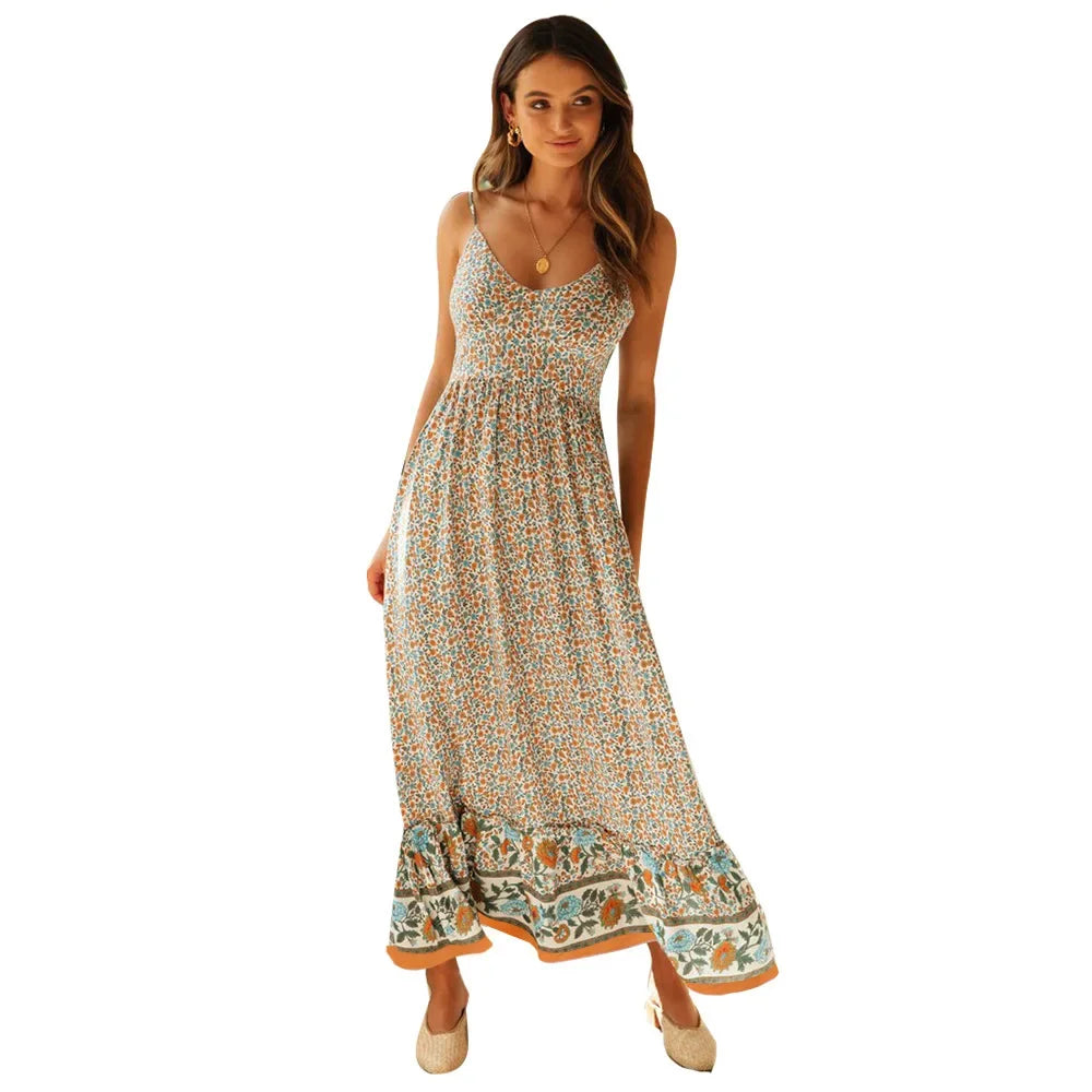 Happie Queens Women Fashion Strapless Bohemian Maxi Dress Lady Summer Vacation Beach Boho Dress Robe