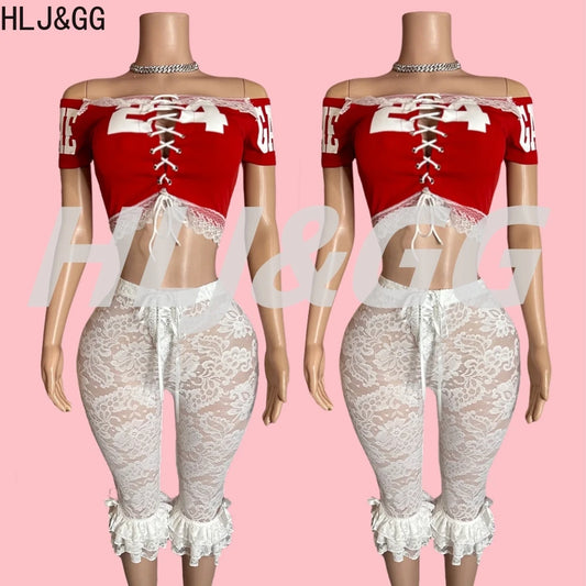 HLJ&GG Red Y2K Letter Lace Splicing Bandage Two Piece Sets Women Off Shoulder Hollow Crop Top And Skinny Ruffle Shorts Outfits