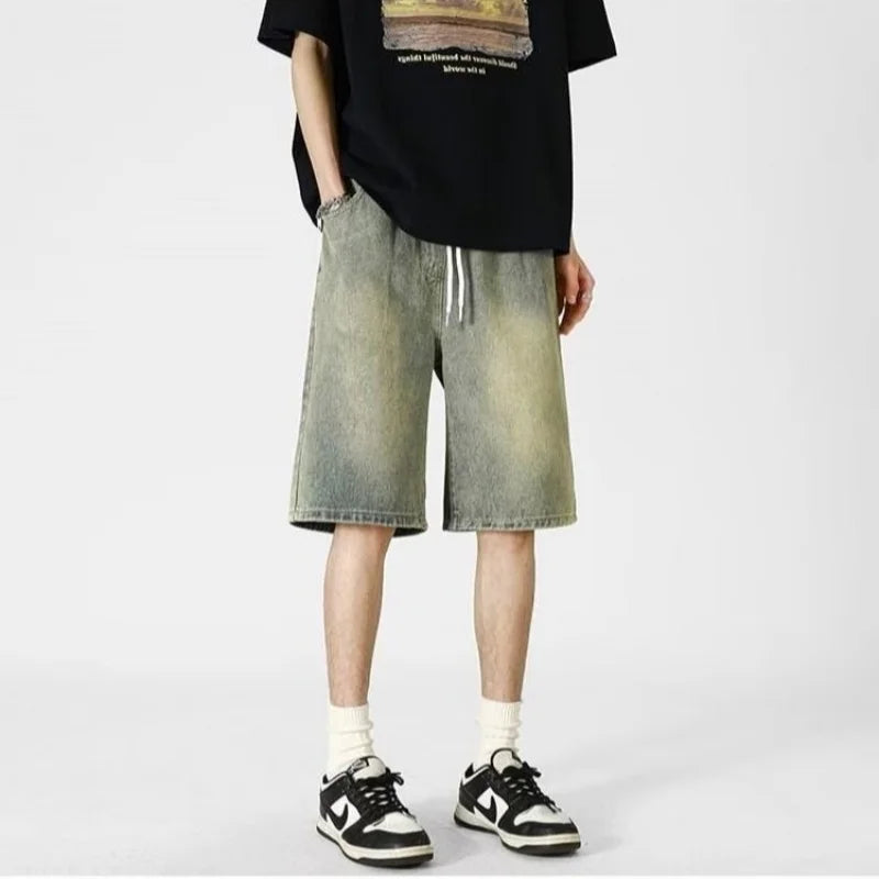 denim shorts, men's 2025 summer thin style retro loose American fashion brand casual five inch mid length pants