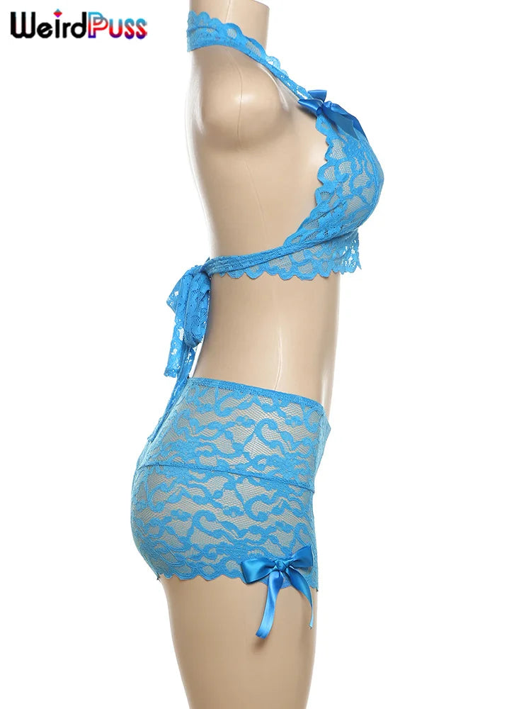 Weird Puss Mesh Sexy Bow 2 Piece Set Summer Women Halter Backless Lace Tank Tops+Shorts Matching Clubwear Coquette Hipster Suits
