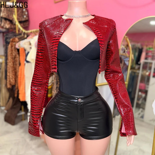 HLJ&GG Fashion Y2K Hot Girl Streetwear Women Leather Long Sleeve Crop Jacket+Bodysuits+Button Shorts 3 Piece Sets Outfits 2025