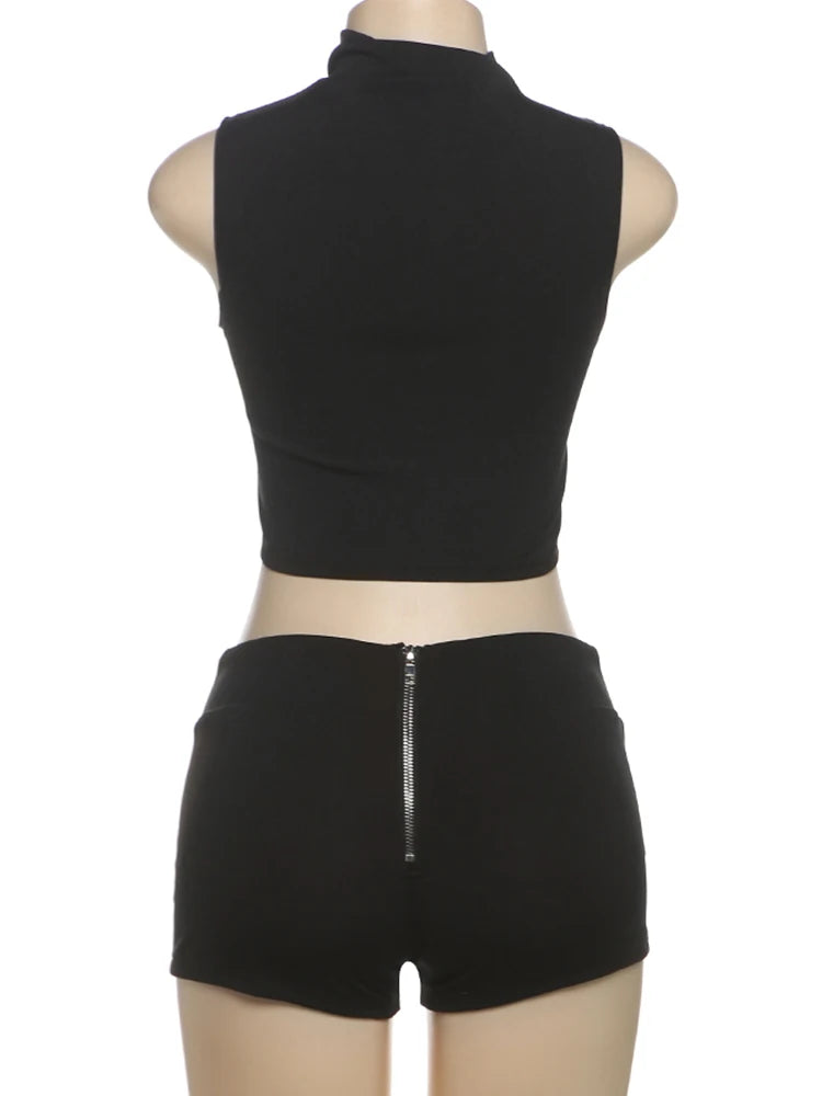 Weird Puss Casual Tracksuit 2 Piece Set Women Irregular Tank Tops+Peach Hip Zip Shorts Daily Simple Skinny Sporty Streetweas