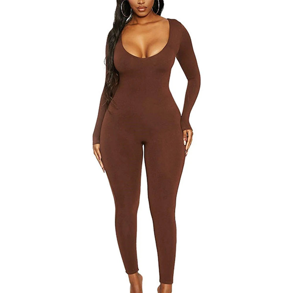 2024 Spring and Summer New Women's Jumpsuit Long Sleeve Solid Color Skinny Jumpsuit Fashion Sports Fitness Jumpsuit Pullover