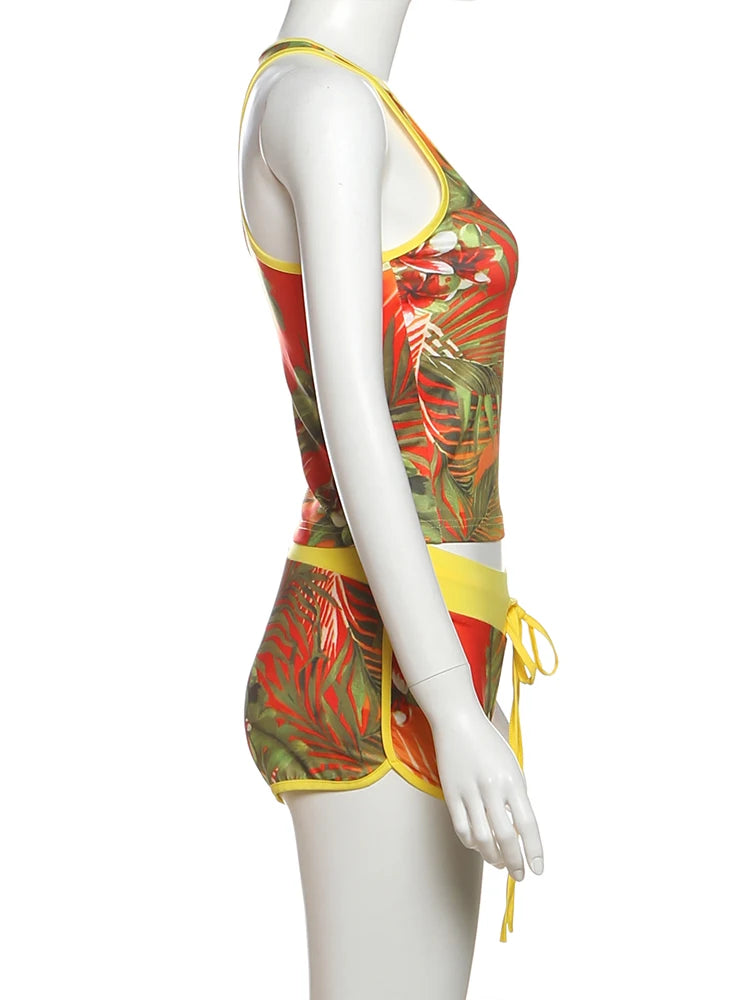 Weird Puss Colorful Print Women Tracksuit 2Piece Set Summer Casual Tank Tops+Shorts Matching Streetwear Stretch Activity Outfits