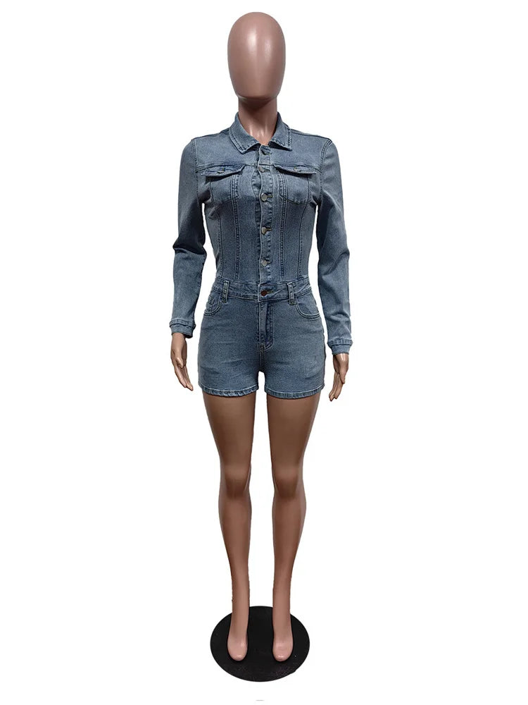 Weird Puss Elastic jeans Women Playsuit Lapel Single-Breasted Full Sleeve One Pieces Shorts Trendy Vintage High Street Partywear