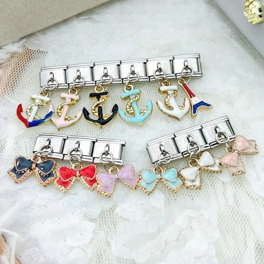2025 NEW Popular Bow Anchor Pendant Elastic Charm Italian Links Fit 9mm Modular Bracelet Making DIY Jewelry Bulk