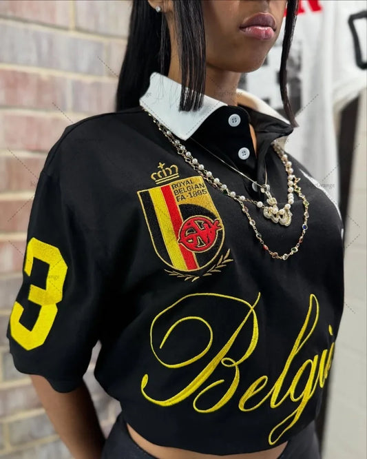 High Street Trendy Brand Harajuku Streetwear Polo Shirt Men Hip Hop Gothic Punk Retro Lapel T-shirt Casual Y2K Graphic Top Women