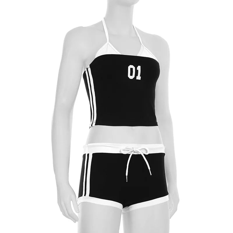 HLJ&GG Sexy Letter Printing Baddie 2 Piece Sets Outfits Spaghetti Strap Halter Backless Tank Crop Tops + Shorts Suits Streetwear