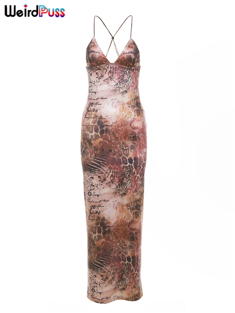 Weird Puss Chic Butterfly Women Maxi Dress Print Backless Spaghetti Straps V Neck Halter Bodycon Hot Girls Club Party Vestidos
